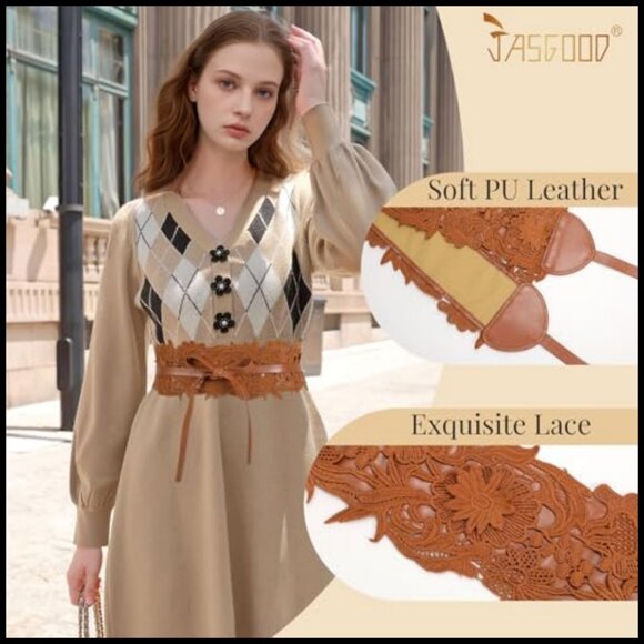 Lace Faux Leather Obi Belt Vintage Boho Chic Adjustable Wide Waist Cinch main image 7